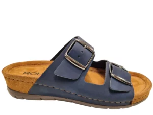 Rohde Rohde 5856 56 Blauwe Leren Dames Slippers Met Voorgevormd Voetbed en Gespsluiting