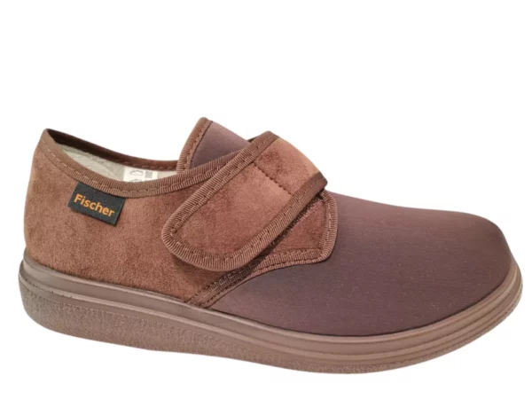 Fischer Fischer Dames en Heren Bruine Klittenband Pantoffel Met Stretch Diabetisch